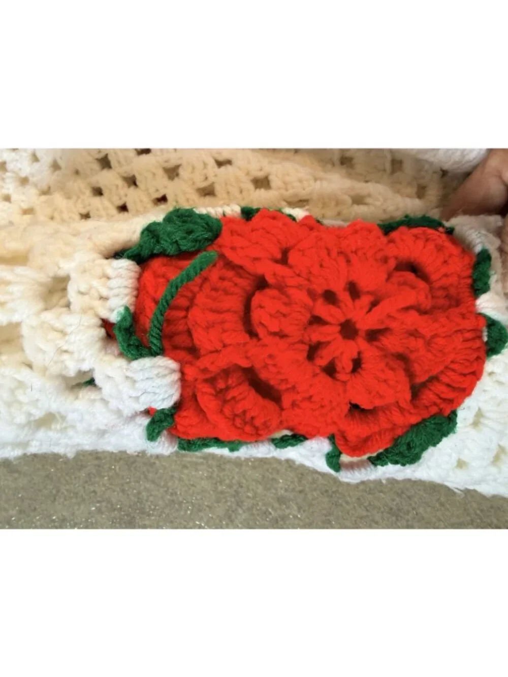 80X96 Crochet Granny Square Afghan Red Roses Hand Made White Background